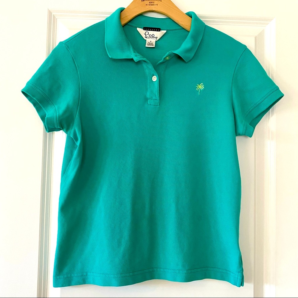 Lilly Pulitzer Polo Pima Cotton Turquoise w LP Logo Sz Small w MEASUREMENTS!